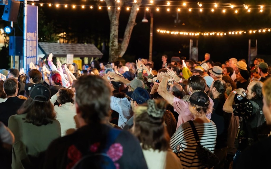 Public les bras levés devant la scène, lumières festives