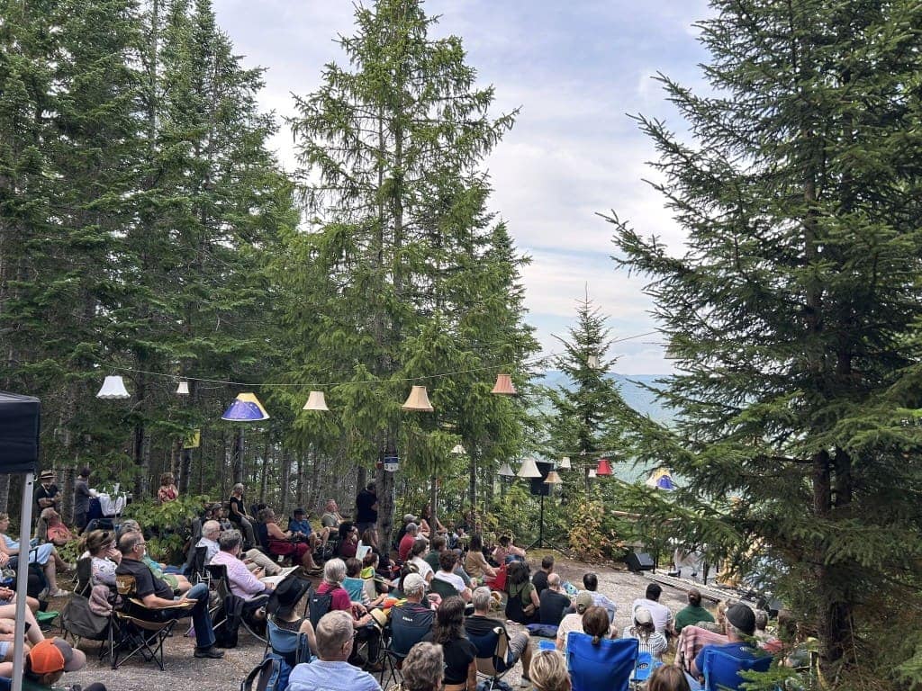 Public assis en forêt, entouré d'abat-jour suspendus